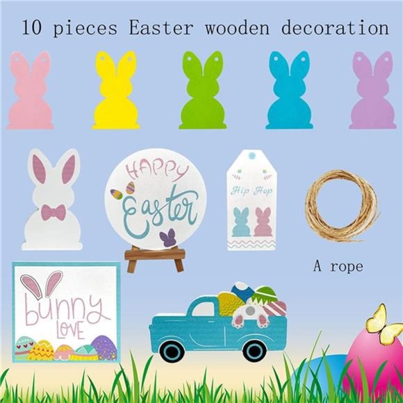 10 Pieces Easter Tiered Tray Decorations Spring Wooden Sign  (Bunny Style) - Picture 3 of 4